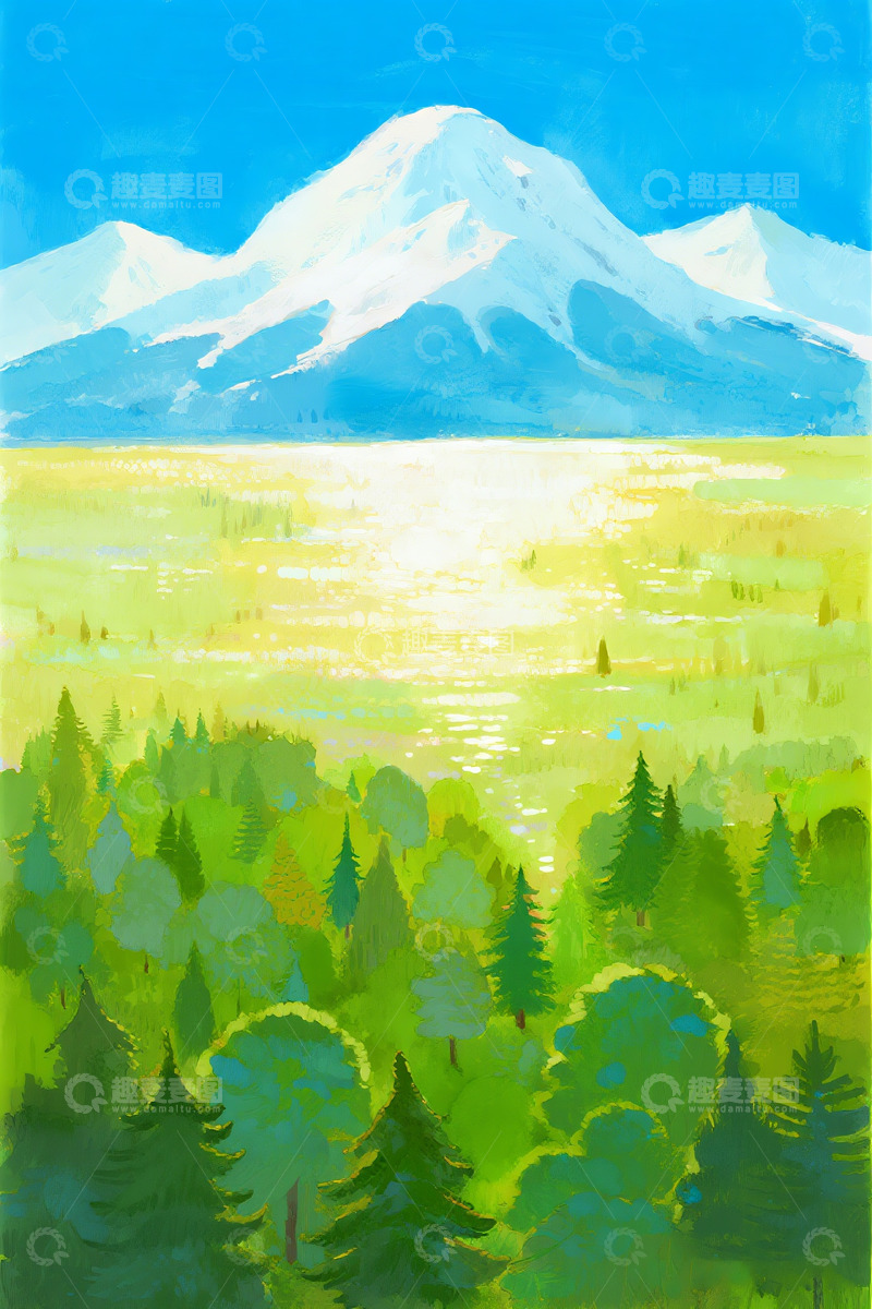 高清大图下载【趣麦麦图】深林雪山水彩晕染插画7