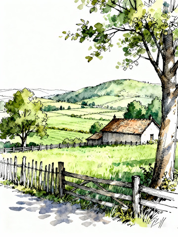 乡村田园的风景水彩画2