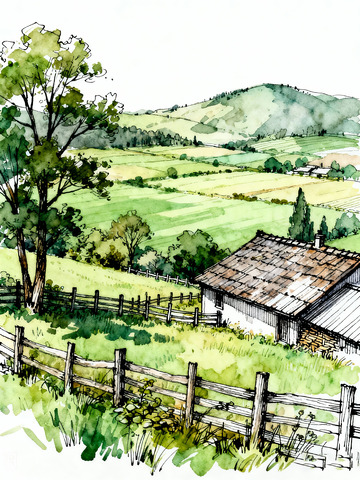 乡村田园的风景水彩画1