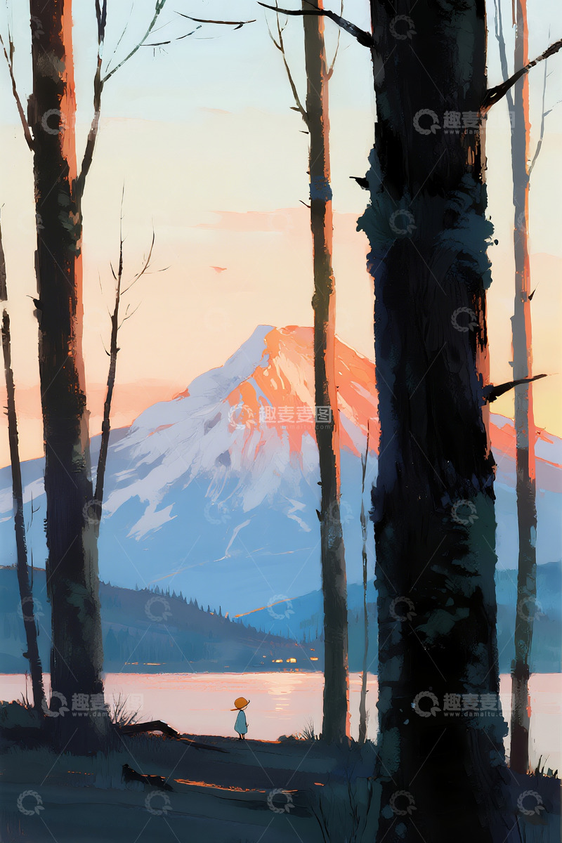 高清大图下载【趣麦麦图】深林雪山水彩晕染插画1