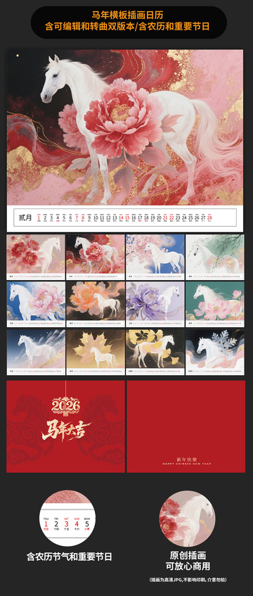马年插画日历台历设计模板