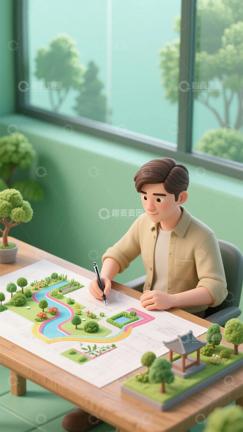 高清大图下载【趣麦麦图】卡通设计师规划景观图纸