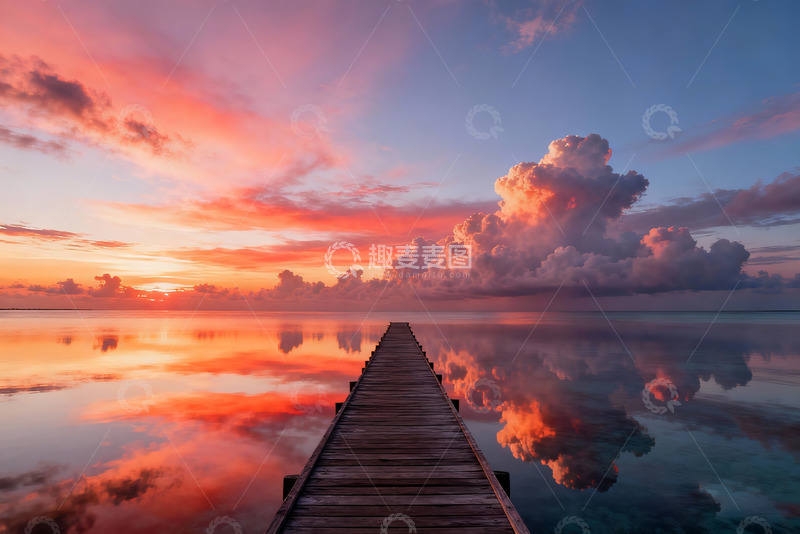 高清大图下载【趣麦麦图】平静海面木栈道摄影2