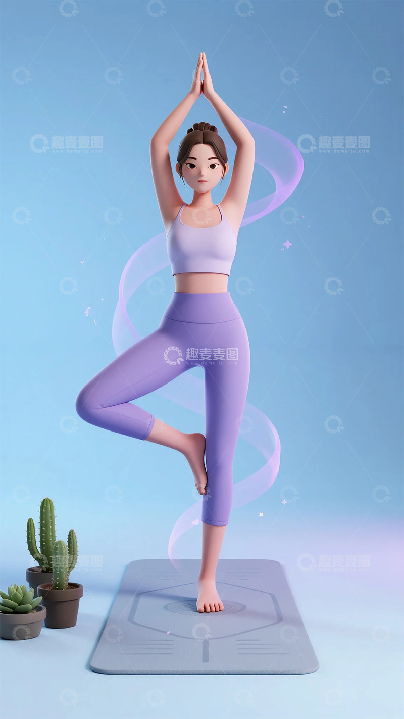 高清大图下载【趣麦麦图】瑜伽人物3D渲染插画