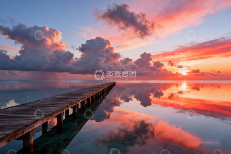 高清大图下载【趣麦麦图】平静海面木栈道摄影1