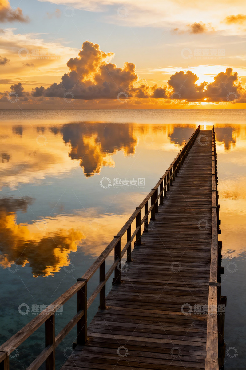 高清大图下载【趣麦麦图】平静海面木栈道