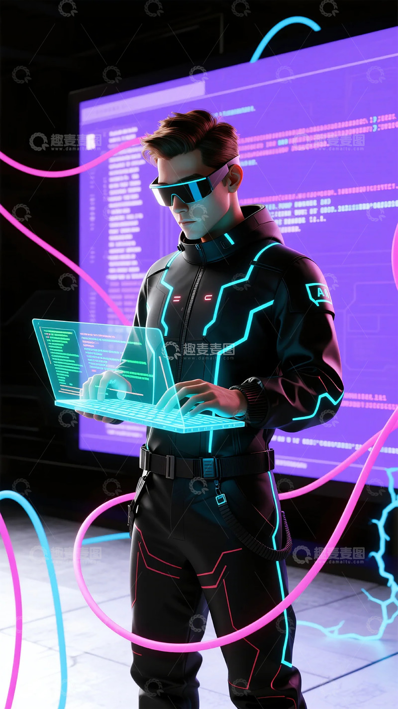 高清大图下载【趣麦麦图】科幻风未来战士操作全息电脑