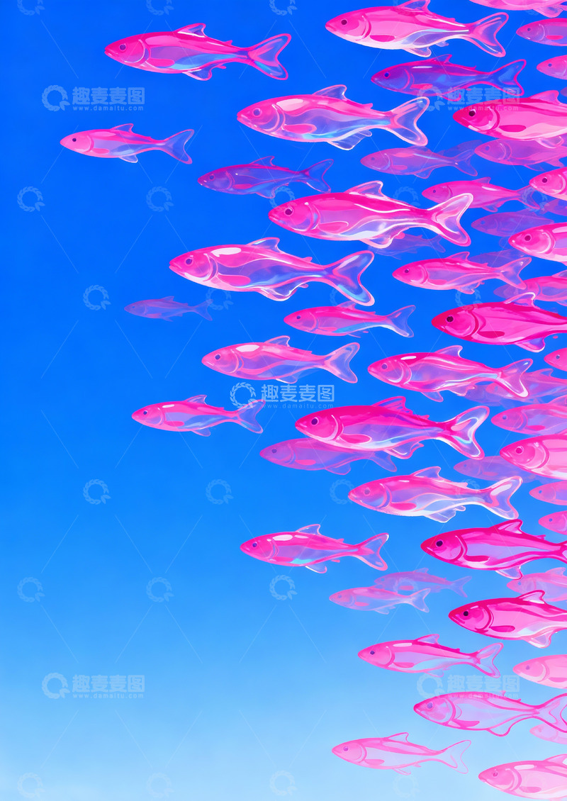 高清大图下载【趣麦麦图】透明流体渐变粉红色的鱼群1