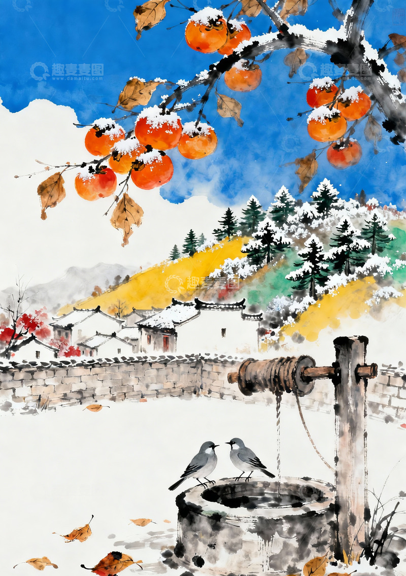 高清大图下载【趣麦麦图】柿子薄霜中国风水墨画