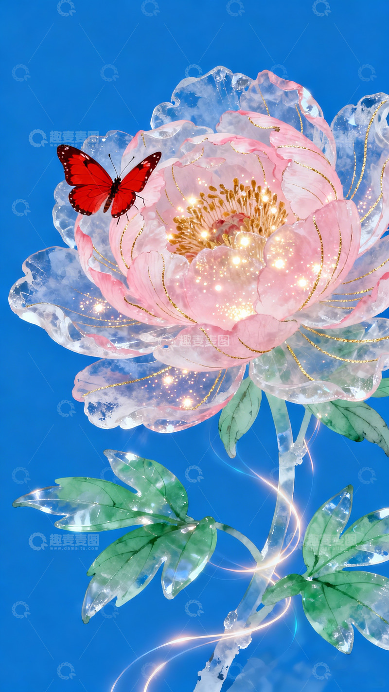 高清大图下载【趣麦麦图】绢笔牡丹花冰花半透明