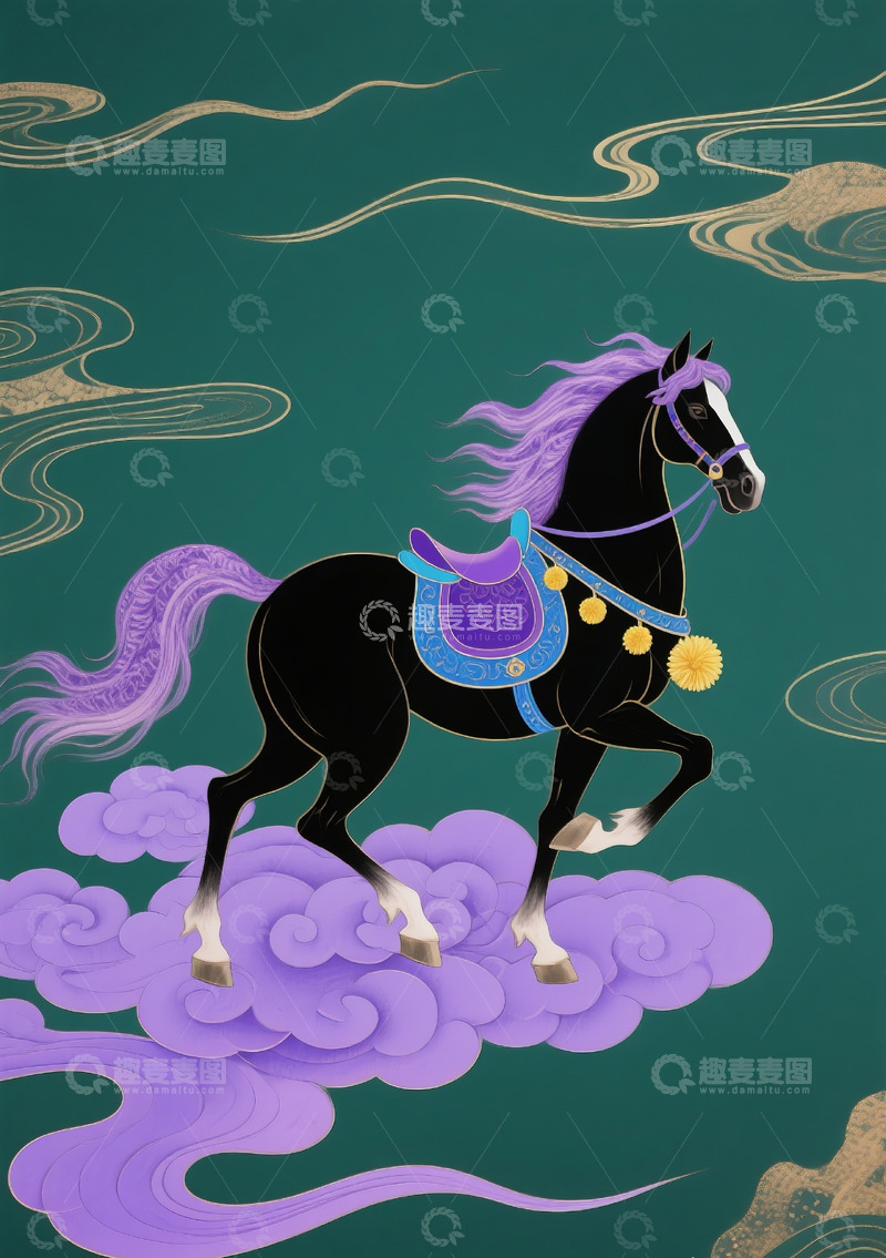 高清大图下载【趣麦麦图】-国风与现代设计的奔马主题插画