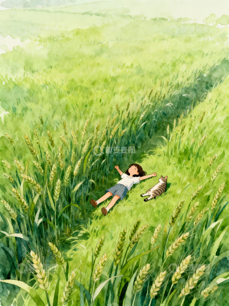 高清大图下载【趣麦麦图】绿草地女孩儿小猫治愈系插画