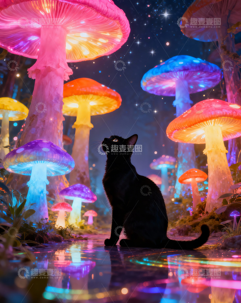 高清大图下载【趣麦麦图】黑猫神秘彩色蘑菇森林