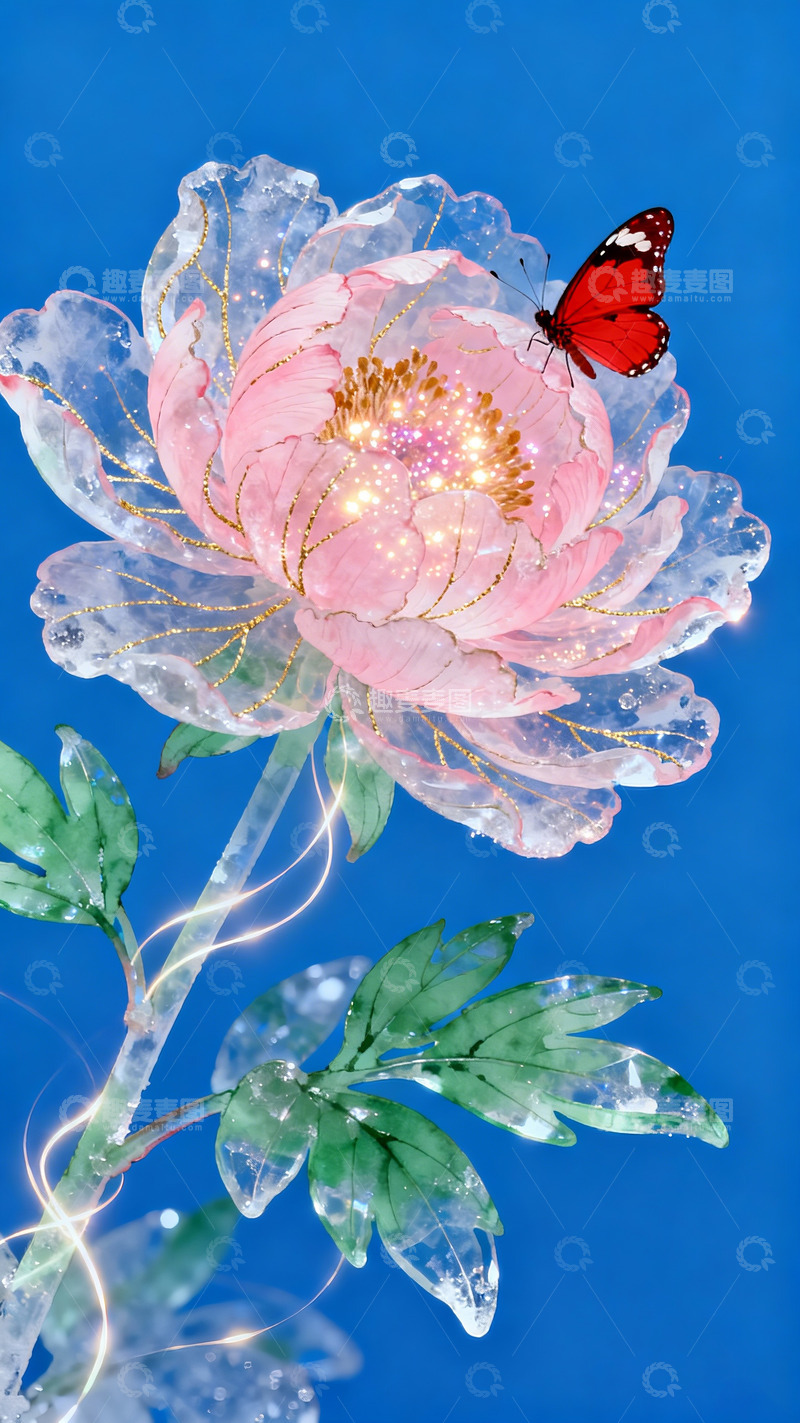 高清大图下载【趣麦麦图】绢笔牡丹花冰花淡绿透明绿叶