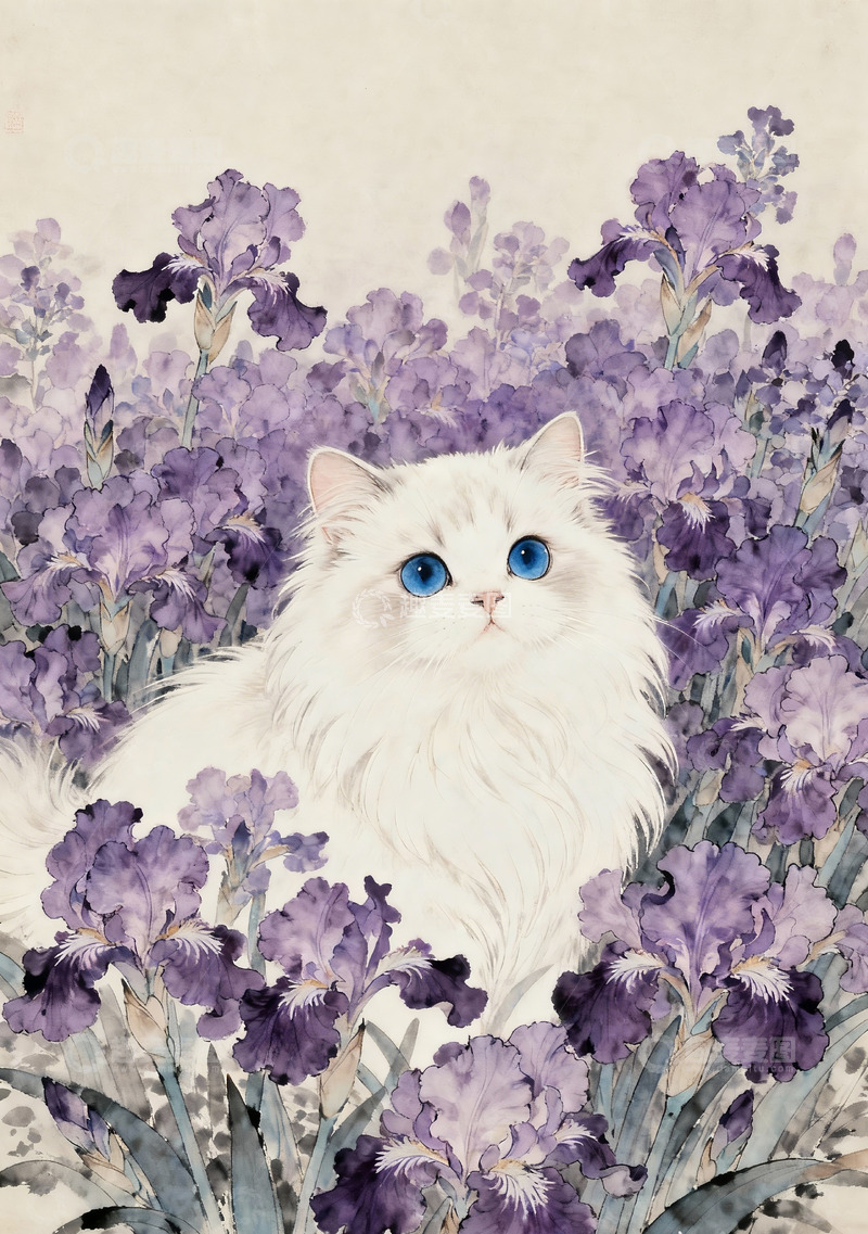 高清大图下载【趣麦麦图】紫色花海中的白色长毛猫