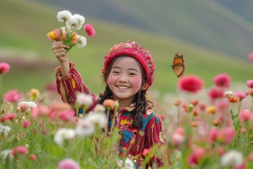 草原上采摘野花的小女孩