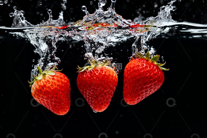 高清大图下载【趣麦麦图】黑底草莓溅水动感水果场景素材