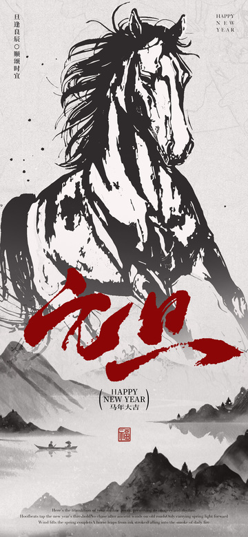 水墨马年新年祝福海报设计