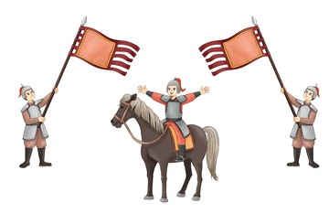 古代骑马将领与持旗士兵
