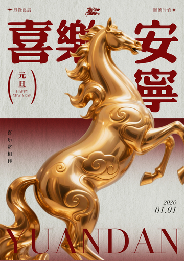 金色马雕塑新年贺卡设计素材