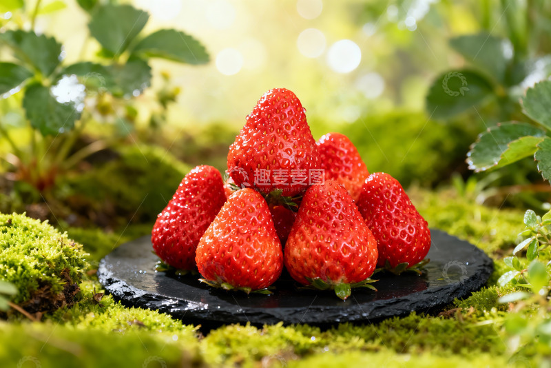 高清大图下载【趣麦麦图】苔藓黑盘草莓堆自然场景设计素材