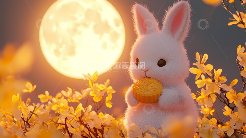 高清大图下载【趣麦麦图】-中秋月兔月饼插画