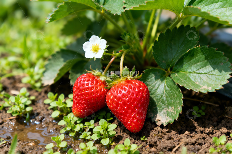 高清大图下载【趣麦麦图】田园红绿草莓植株新鲜水果场景素材