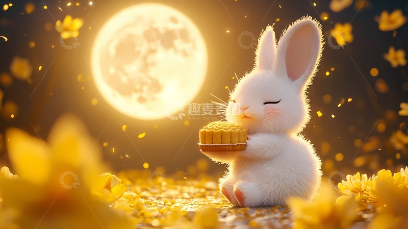 高清大图下载【趣麦麦图】月光下白兔月饼插画元素