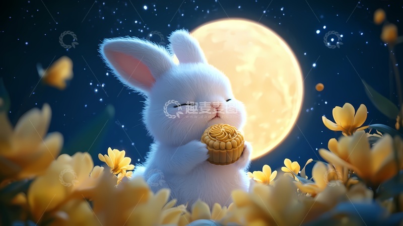 高清大图下载【趣麦麦图】卡通兔子中秋赏月图
