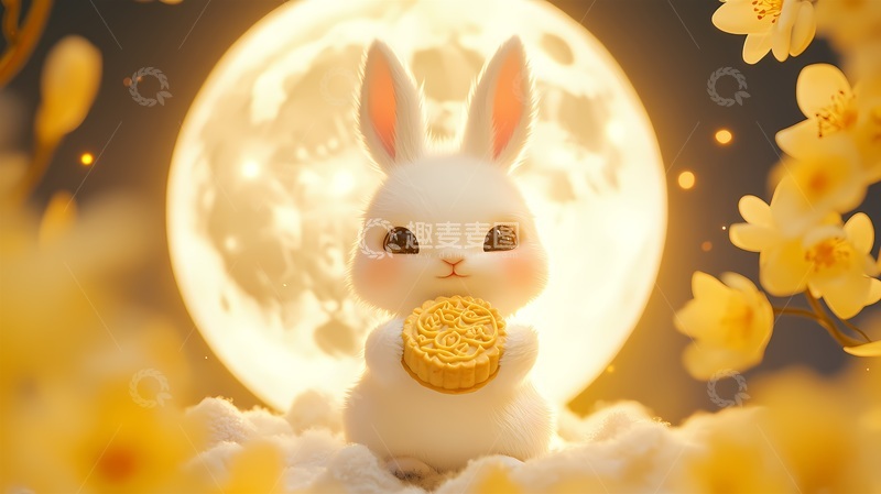 高清大图下载【趣麦麦图】卡通兔子月饼满月花卉场景