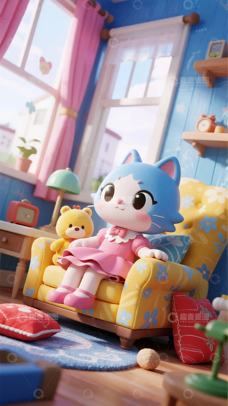 高清大图下载【趣麦麦图】卡通猫咪温馨客厅场景