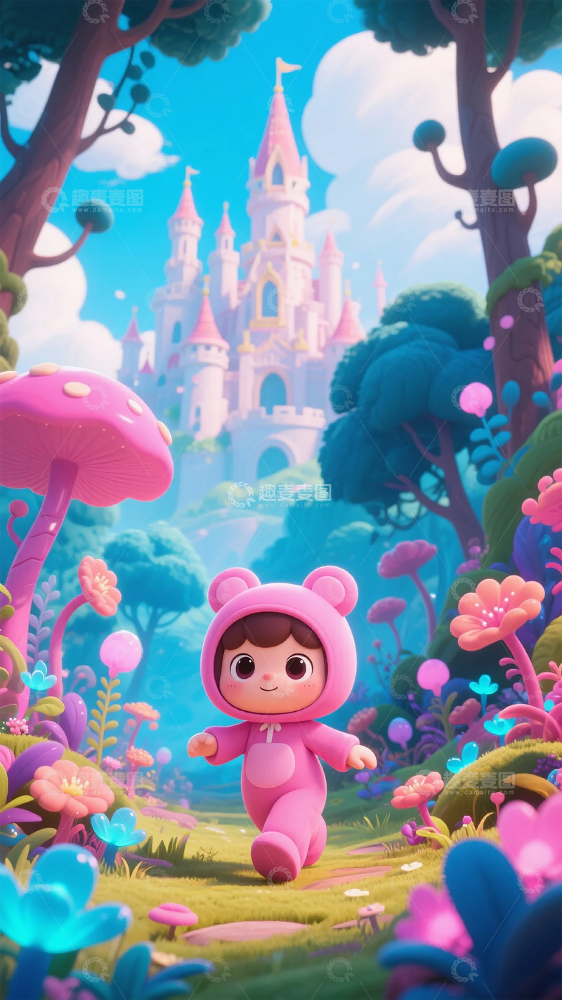 高清大图下载【趣麦麦图】卡通童话风森林城堡美景插画