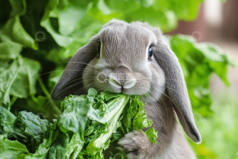 高清大图下载【趣麦麦图】吃蔬菜叶的一只灰兔子