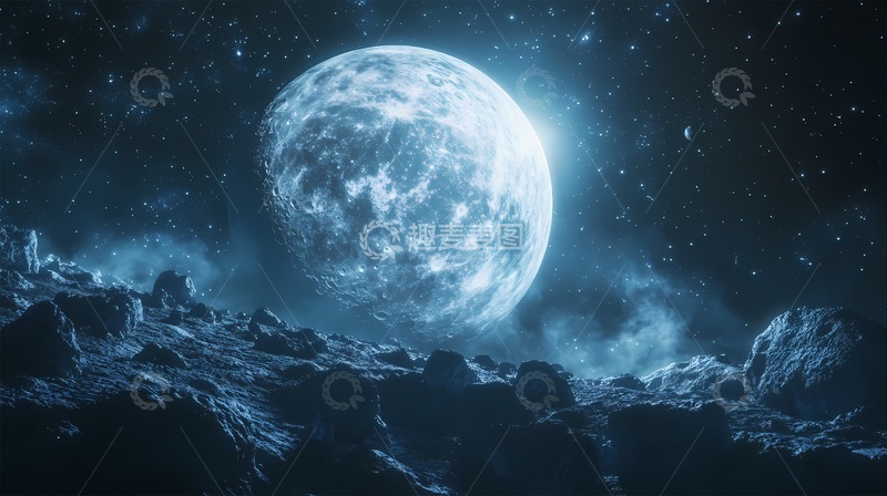高清大图下载【趣麦麦图】蓝色夜空月球山景科幻图