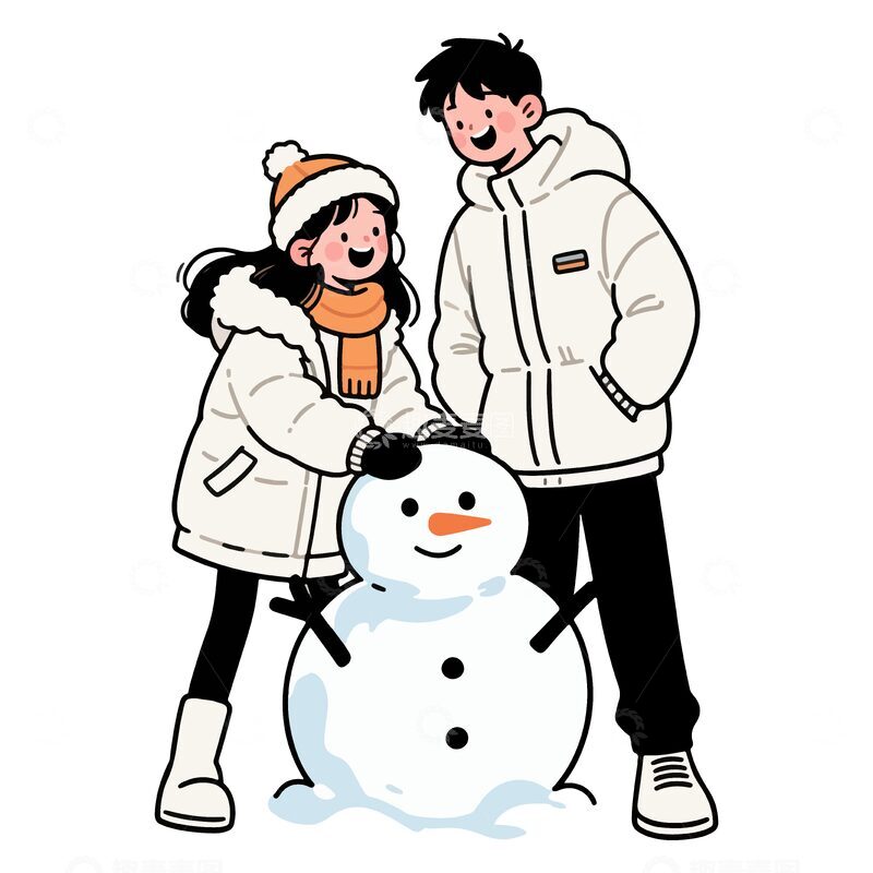 源文件下载【趣麦麦图】冬日情侣堆雪人卡通插画