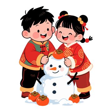 春节儿童堆雪人卡通插画