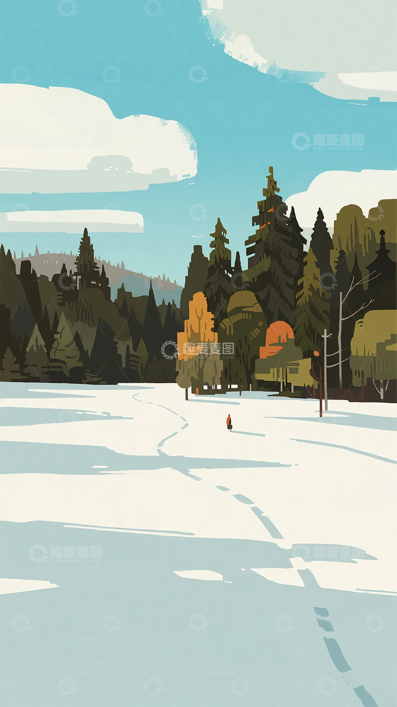 高清大图下载【趣麦麦图】冬日雪景插画壁纸