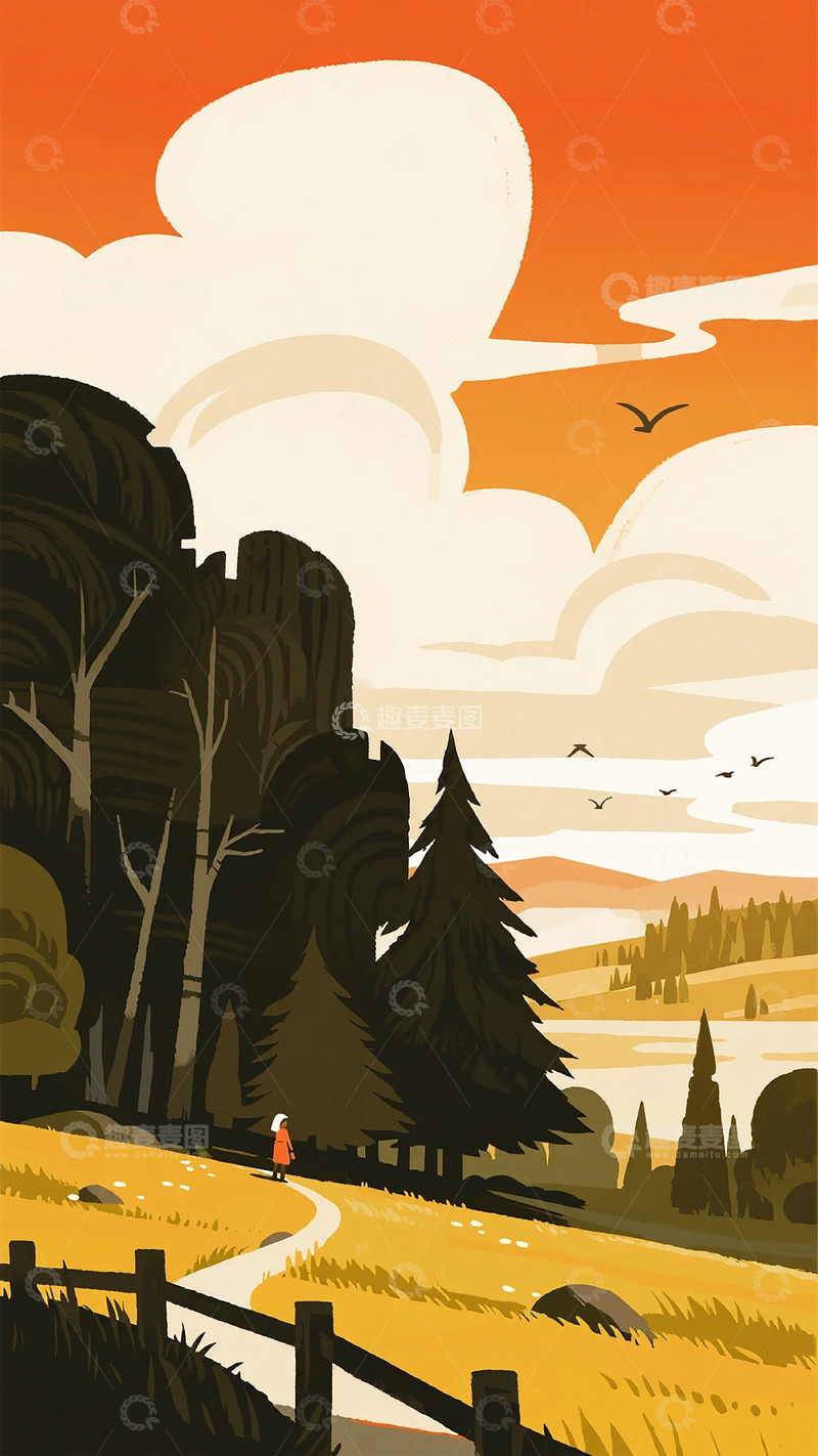 高清大图下载【趣麦麦图】田园风光插画风景海报设计素材