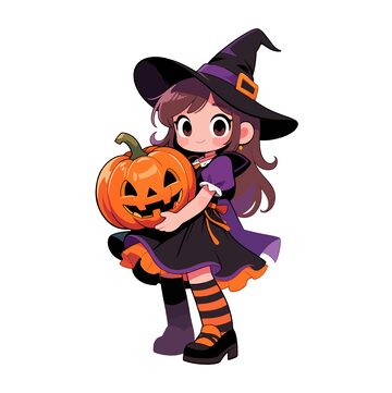 卡通万圣节小巫女南瓜灯插图