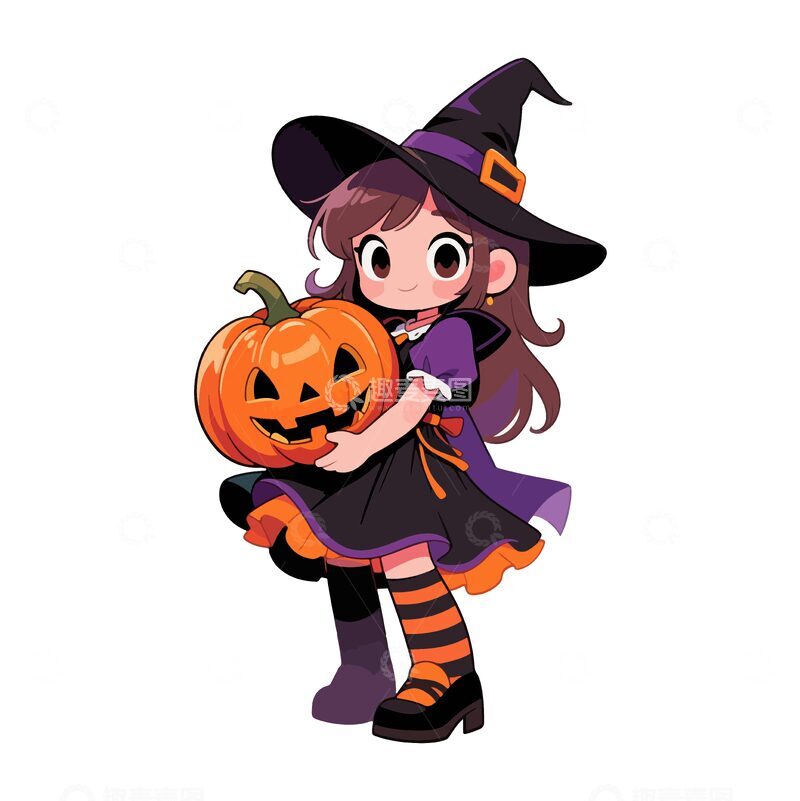 源文件下载【趣麦麦图】卡通万圣节小巫女南瓜灯插图