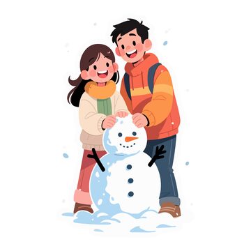 冬日欢乐堆雪人插画