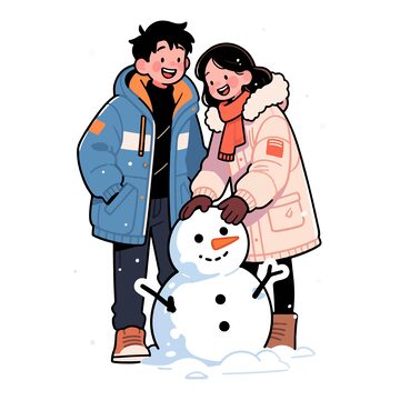 卡通冬日雪人情侣插画