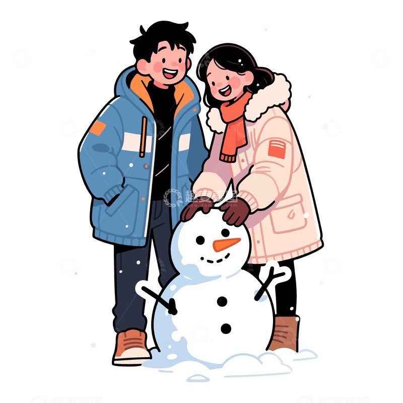 源文件下载【趣麦麦图】卡通冬日雪人情侣插画