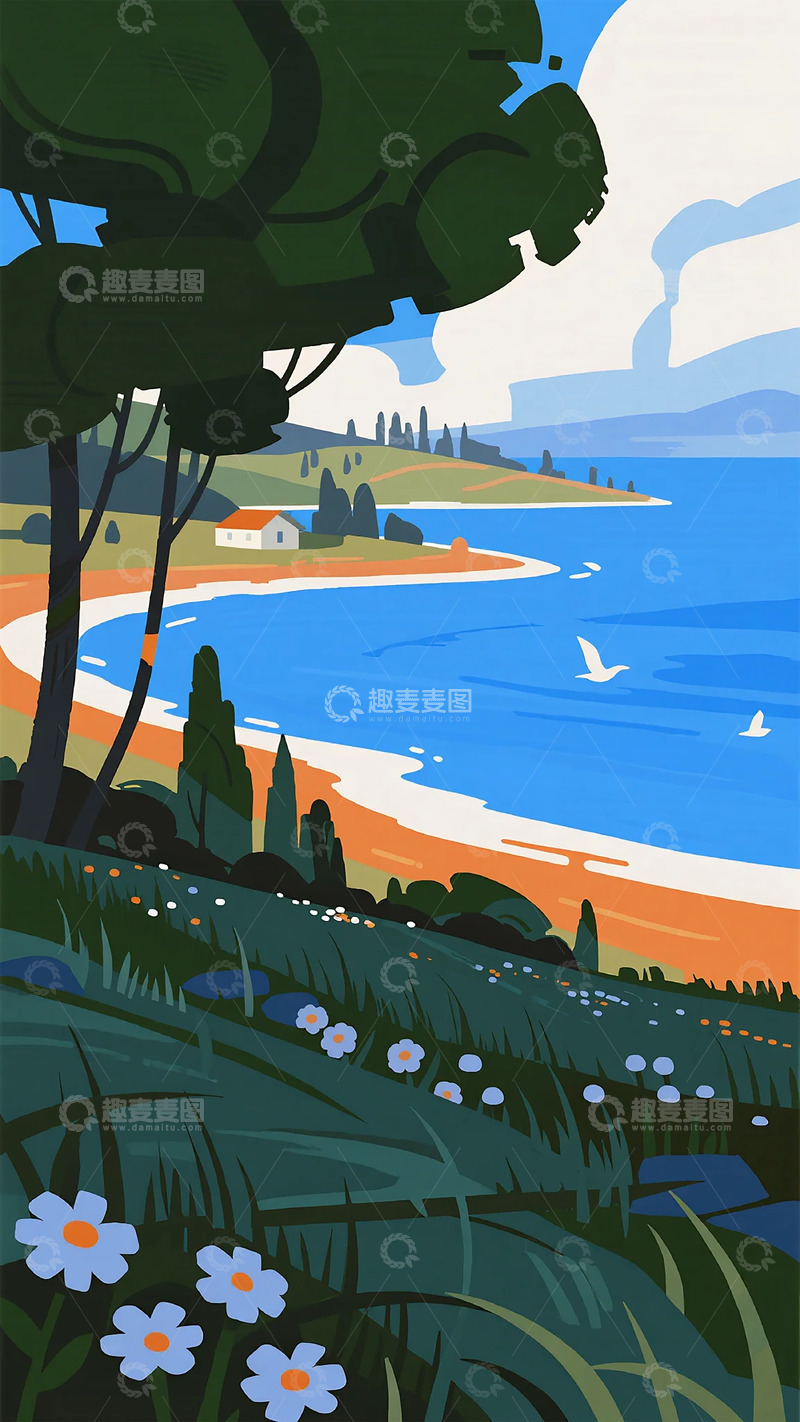 高清大图下载【趣麦麦图】插画风格海岸线风景图