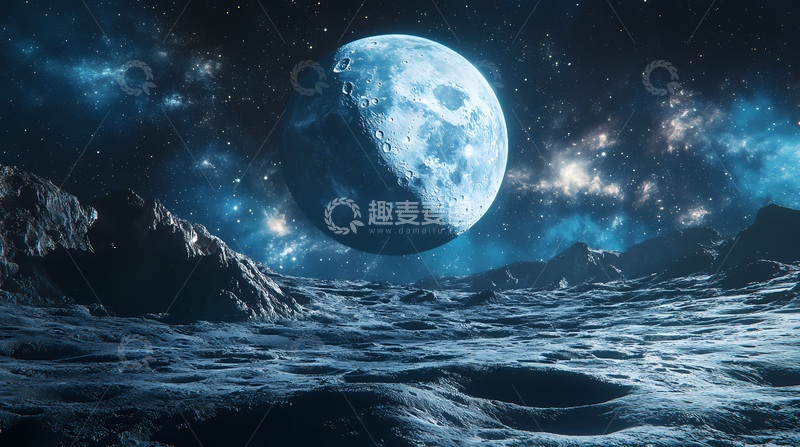 高清大图下载【趣麦麦图】蓝色夜空月球景观科幻图