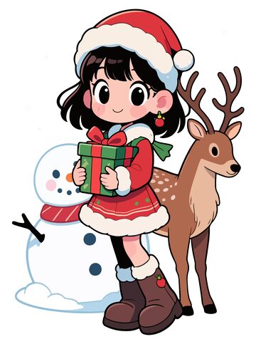 圣诞女孩麋鹿雪人卡通插画