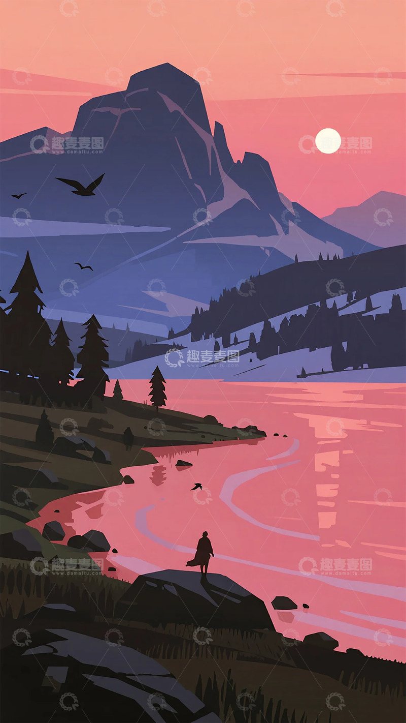 高清大图下载【趣麦麦图】山水日落插画风景
