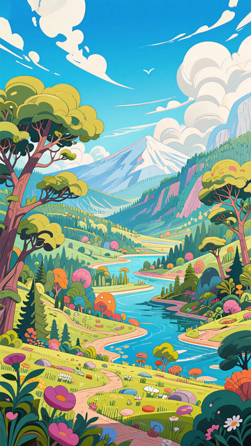 彩绘画风景山水河流树木