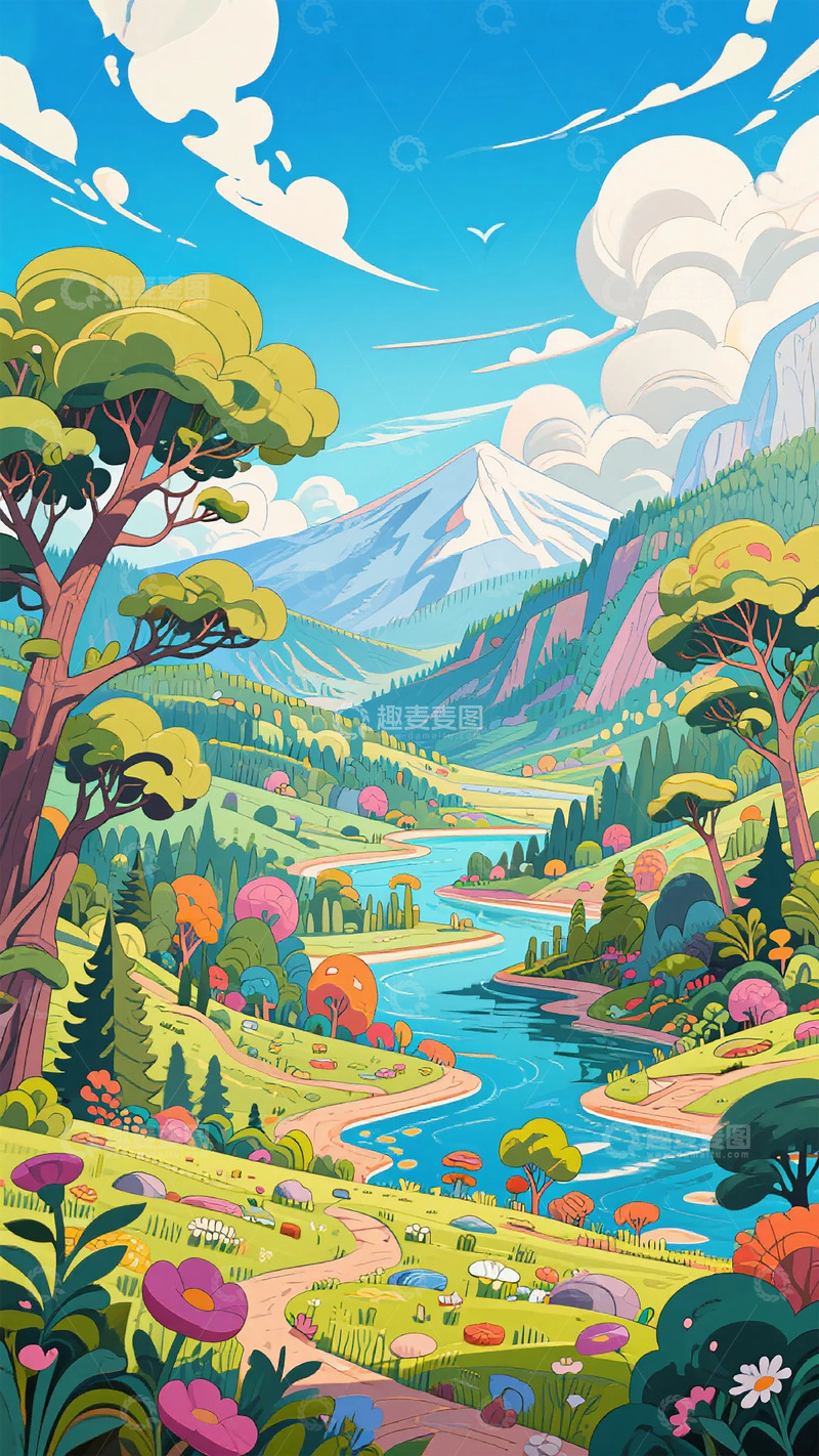 高清大图下载【趣麦麦图】-彩绘画风景山水河流树木