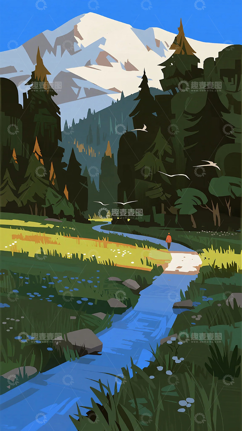 高清大图下载【趣麦麦图】卡通风格山间溪流插画